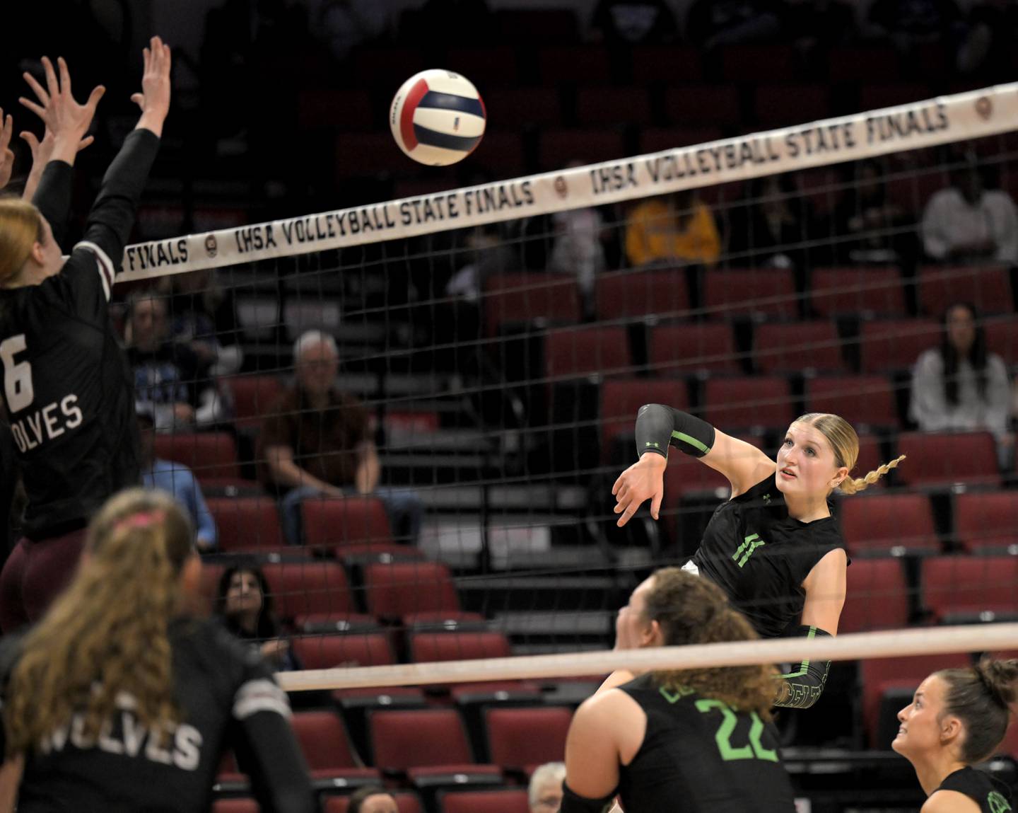 Providence Catholic’s Abbey Knight shoots agaianst Prairie Ridge in the Class 3A third place match at the IHSA girls volleyball state finals tournament on at Illinois State University on Saturday, Nov. 15, 2025