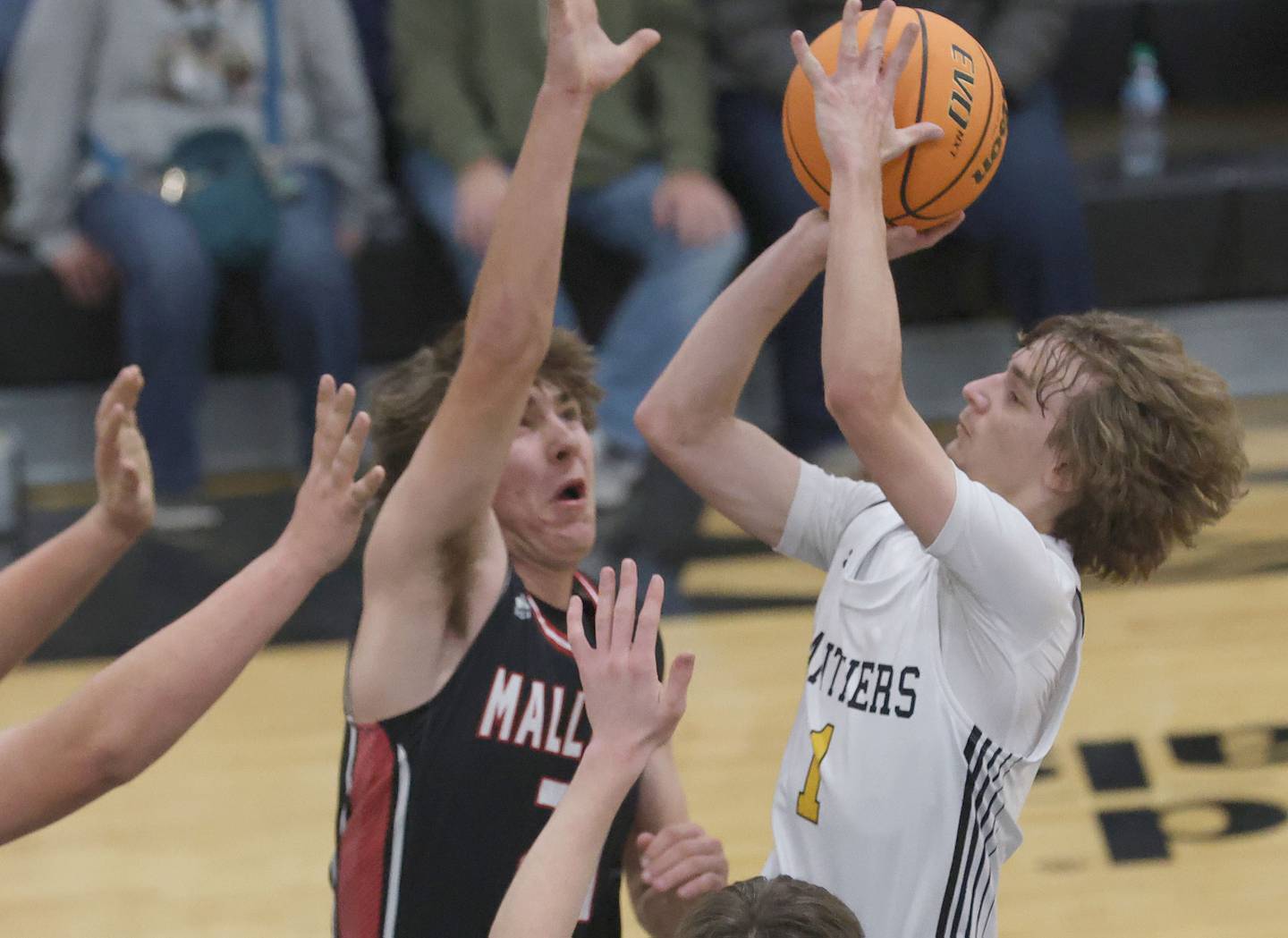 Putnam County's Jacob Furar shoots a jump shot over Henry-Senachwine's Carson Rowe on Friday, Dec. 5, 2025 at Putnam County High School.