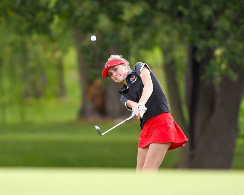Abby Plank of Yorkville chip shots onto the green during the Southwest Prairie conference meet on Wednesday Sept. 24, 2025, held at Blackberry Oaks Golf course in Bristal.