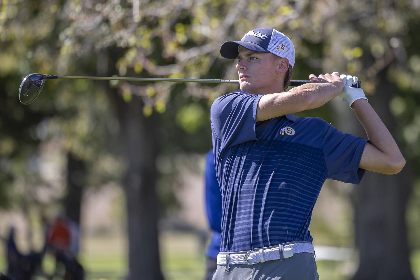 Sterling’s Mason Hubbard watches his tee shot on #1 Wednesday, Oct. 2, 2024 at Emerald Hill in Sterling.
