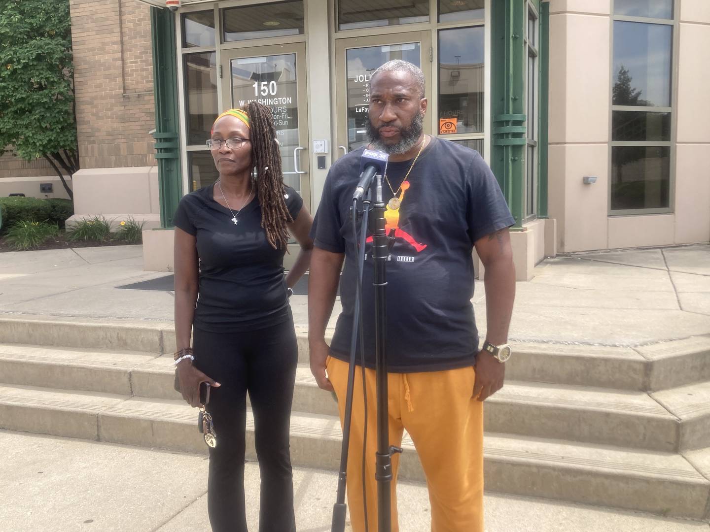 Tehran Foster Gordon's aunt Janet Gordon and father Tehran Foster speak outside the Joliet Police Department.
Thursday, July 10, 2025.