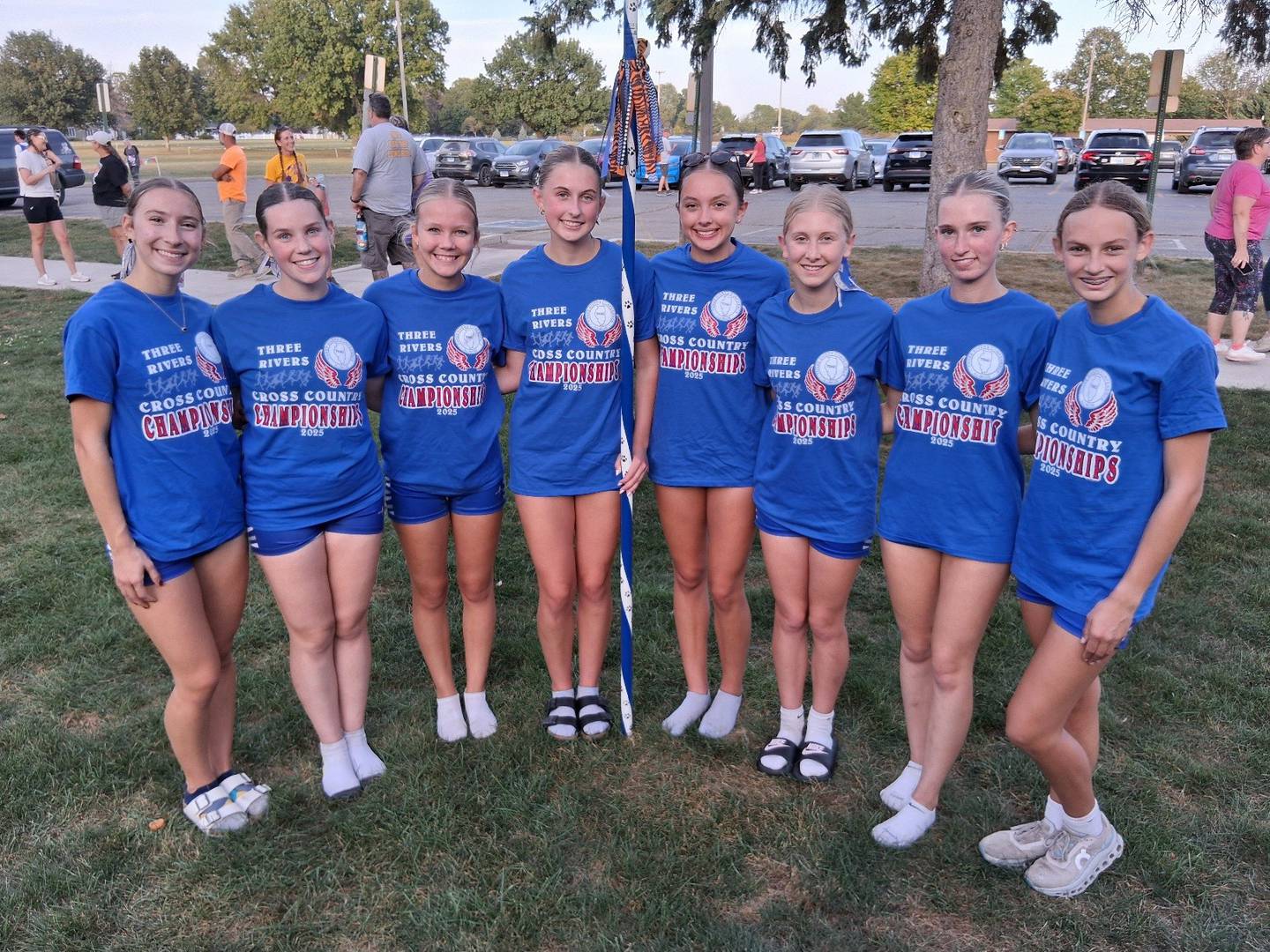 The Princeton girls placed second in Tuesday's Three Rivers Conference cross country meet in Princeton. Team members are Ruby Acker (left), Natalie Meyer, Susanna Bohms, Avery Waca, Alexandra Waca, Lily Simpson, Payton Frueh and Emma Dye.