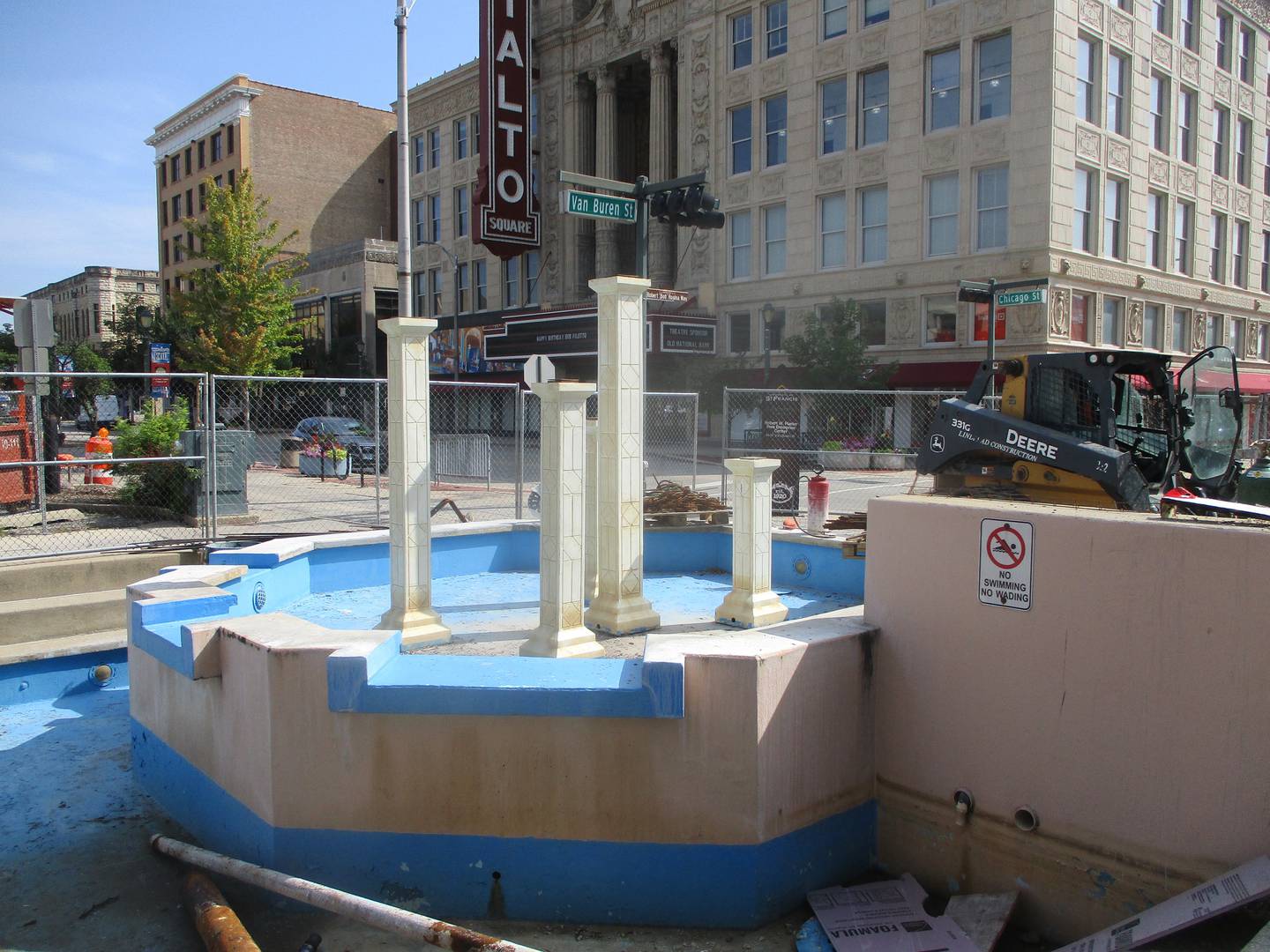 Water has been shut off for good at the Van Buren Plaza fountain, which is in the middle of a construction zone as the Joliet prepares to build a new city square. Aug. 8, 2023.