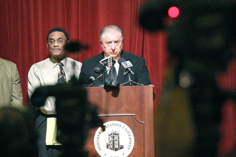 Shaw Local 2008 file photo – Northern Illinois University President John Peters addresses the media Thursday evening, Feb. 14, 2008, during the first of two news conferences regarding the campus shooting that occurred Thursday afternoon in DeKalb.