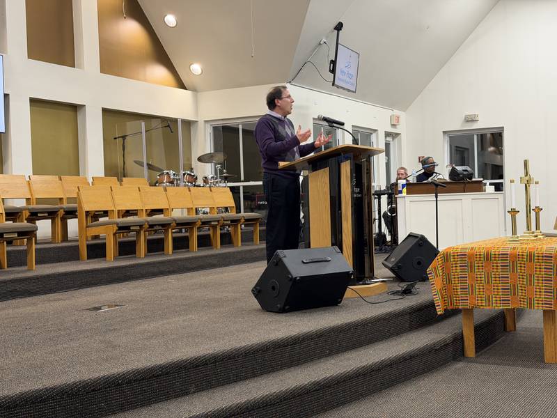 The Rev. Jonathan Crail of First United Methodist Church gives a message about legacy and community on Martin Luther King Jr. Day on Monday, Jan. 19, 2026, at New Hope Missionary Baptist Church in DeKalb for the annual MLK Day Celebration.