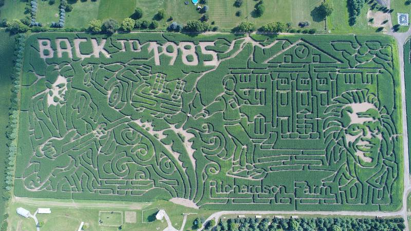 This fall's Richardson "World's Largest" Corn Maze takes hikers through trails depicting Marty McFly, Doc Brown and the time-traveling DeLorean featured in "Back to the Future," which debuted 40 years ago.