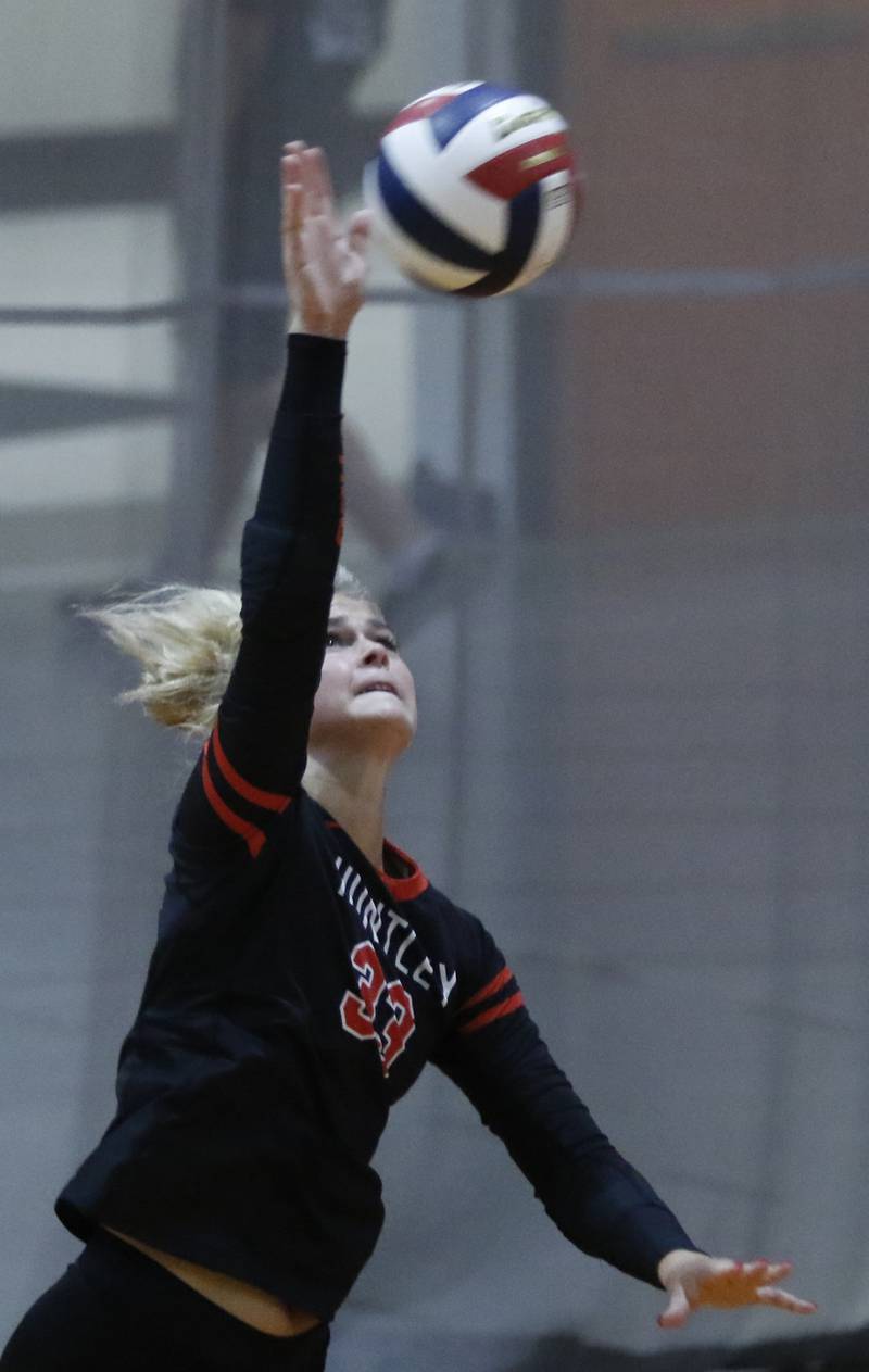 Huntley’s Ally Panzloff serves the ball during a Fox Valley Conference volleyball match Tuesday, Aug. 23, 2022, between Crystal Lake Central and Huntley at Crystal Lake Central High School.