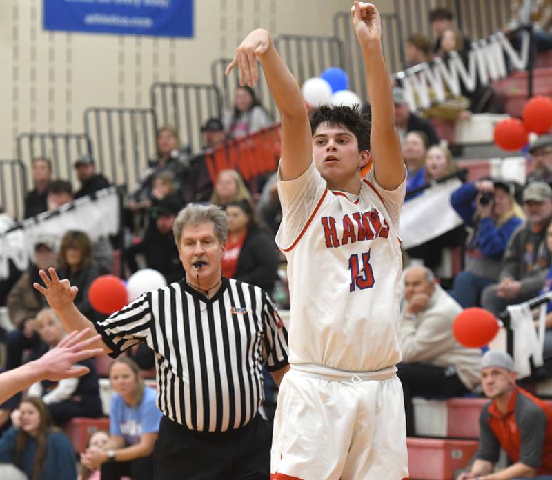 Oregon's Nole Campos drains a three against Genoa-Kingston on Friday, Jan. 30, 2026 at the Blackhawk Center in Oregon.