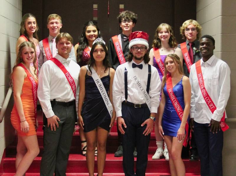 Members of this year’s homecoming court at Streator High School include (front row, left to right) senior attendants Annabelle Dean and Jett Austin; Homecoming Queen Syria Zuniga and King Kamden Emm; senior attendants Cailey Gwaltney and Aneefy Ford. (Back row, left to right) sophomore attendants Ella Park and Isaiah Weibel; freshman attendants Abigail Garcia and Aiden Wilkinson; and junior attendants Bridget McGurk and Daniel Koval.