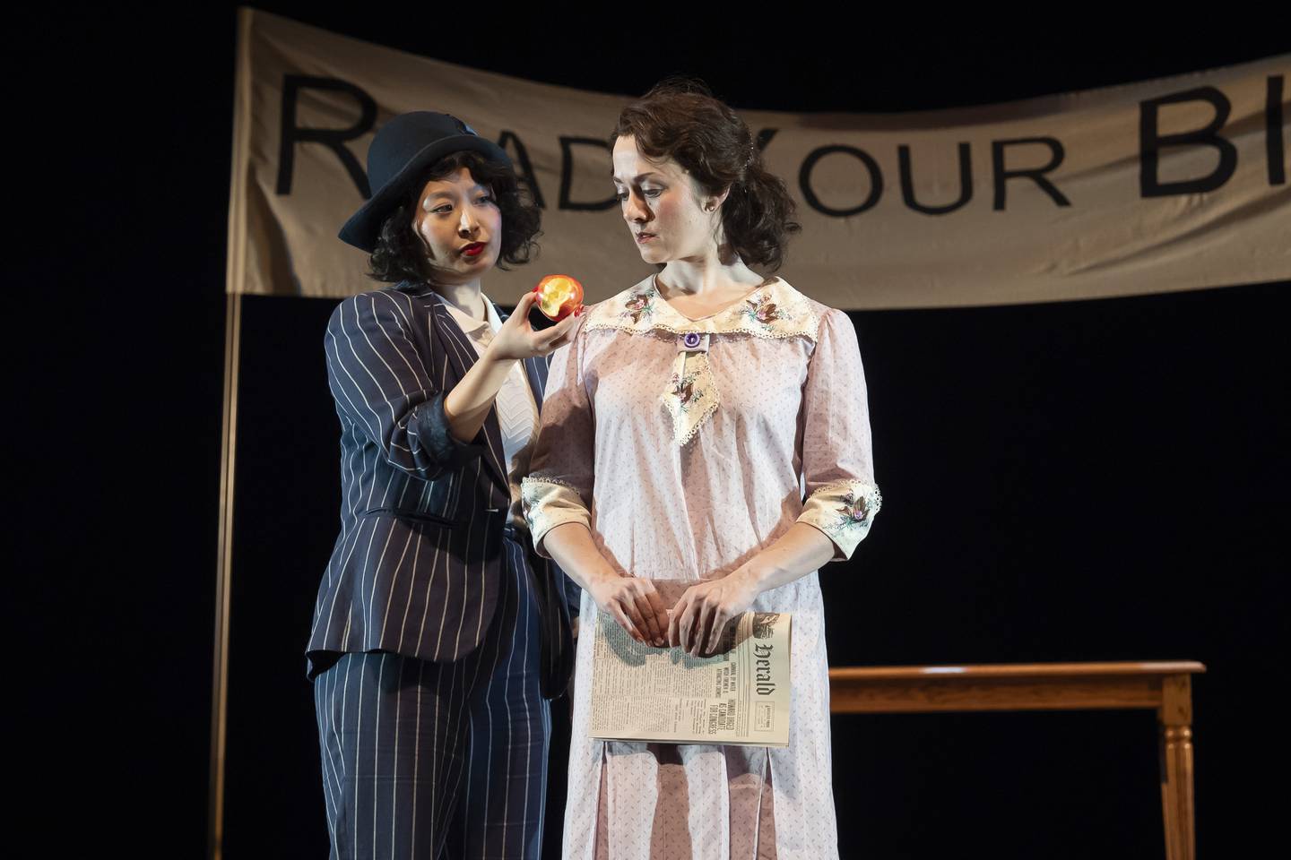Mi Kang (from left) and Tyler Meredith in "Inherit the Wind," playing through Oct. 20, 2024, at Goodman Theatre in Chicago.