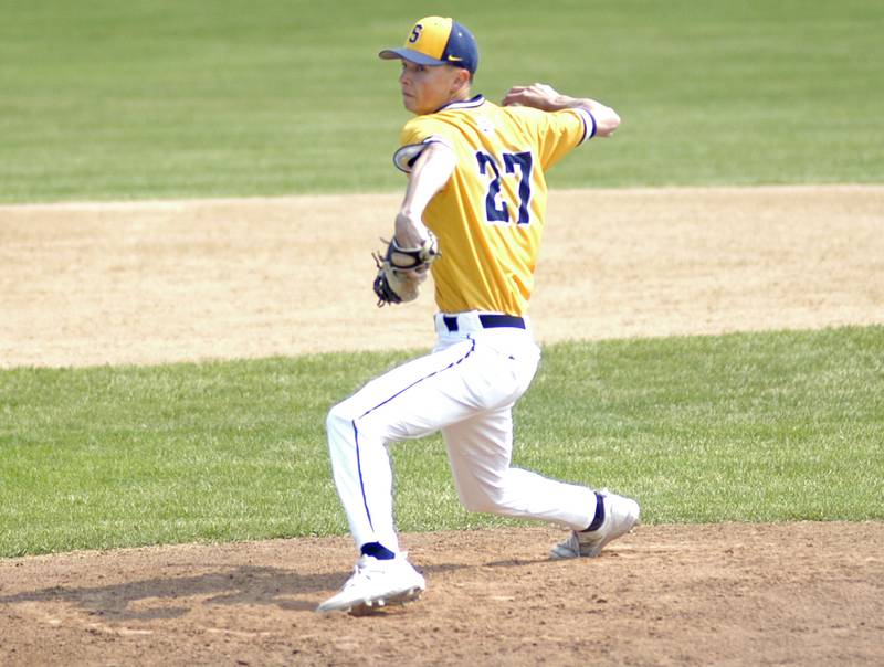 Sterling's Mason Hubbard pitches. Dixon defeated Sterling 10-2 to win the Freeport regional in Freeport on May 31st, 2025.