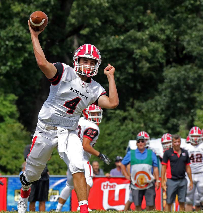 Maine South quarterback Luke Leongas throws the football during a game at Glenbard West on Saturday, Aug. 31.