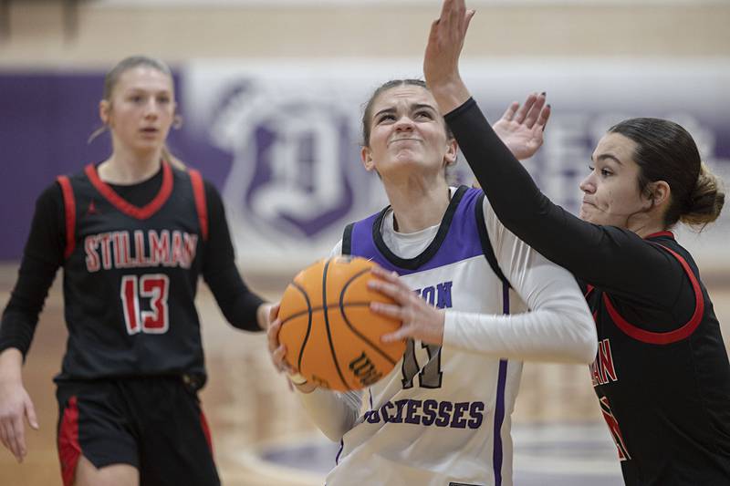 Dixon’s Kiley Gaither works below the basket against Stillman Valley Saturday, Feb. 7, 2026.