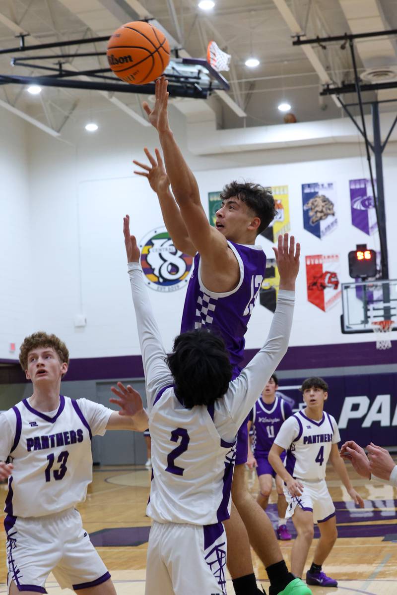 Wilmington's Hunter Kaitschuck shoots against Manteno's Quinn Campbell during Wilmington's 60-35 victory over Manteno on Tuesday, Feb. 17, 2026.
