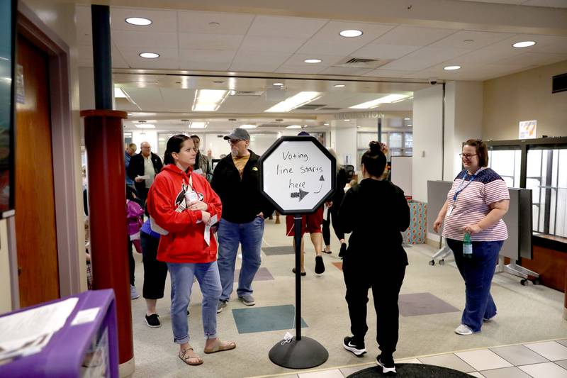 Kane County residents line up to vote in the General Election inside the Town and Country Library on Tuesday, Nov. 5, 2024 in Elburn.