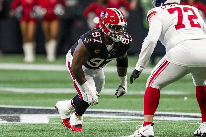 Atlanta Falcons defensive end Grady Jarrett (97) works during the first half of an NFL football game against the New York Giants, Sunday, Dec. 22, 2024, in Atlanta. The Falcons defeated the Giants 34-7. (AP Photo/Danny Karnik)