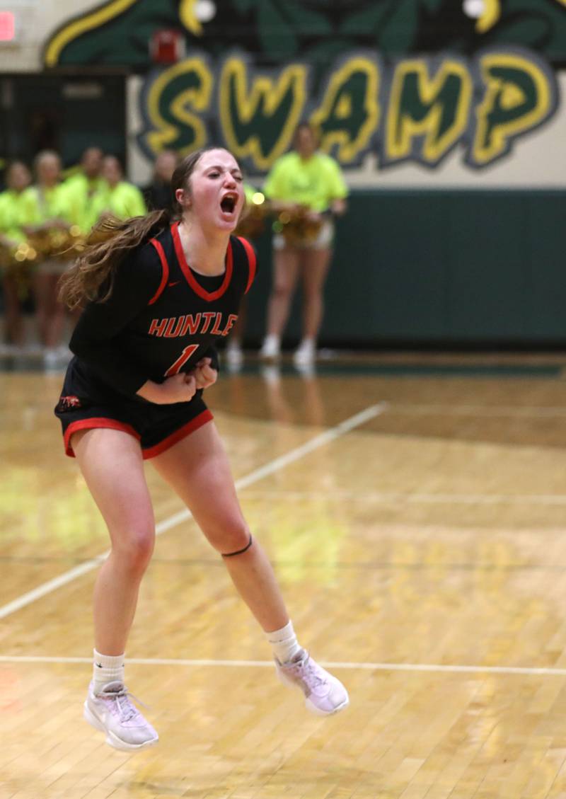 Huntley's Lana Hobday celebrates her three-point-basket to give Huntley the lead during a Fox Valley Conference girls basketball game against Crystal Lake South on Friday, Jan. 30, 2026, at Crystal Lake South High School.