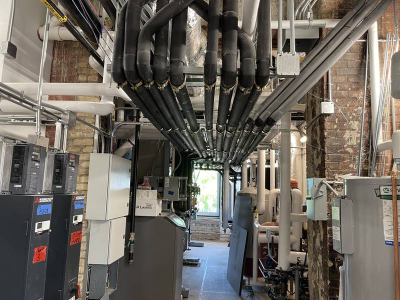 The mechanical room that will run the geothermal system for the Old Courthouse and Sheriff's House on May 25, 2023, in Woodstock.