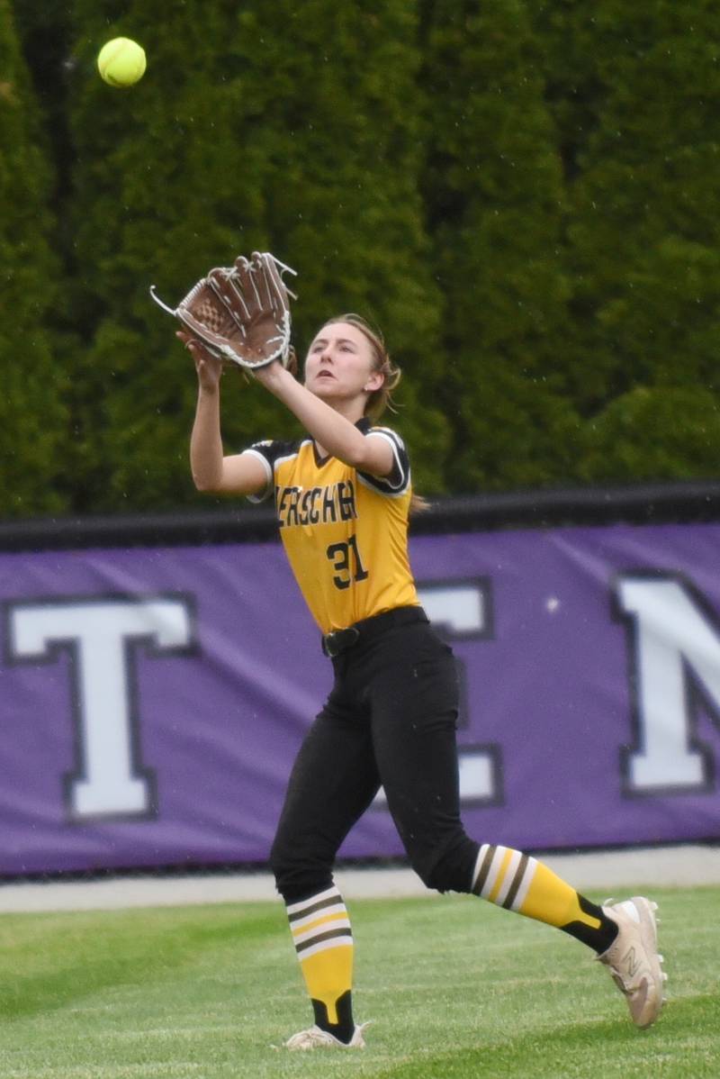 Herscher's Mikaela Vadeboncouer gets under a fly ball during a game at Manteno Tuesday, May 12, 2026.