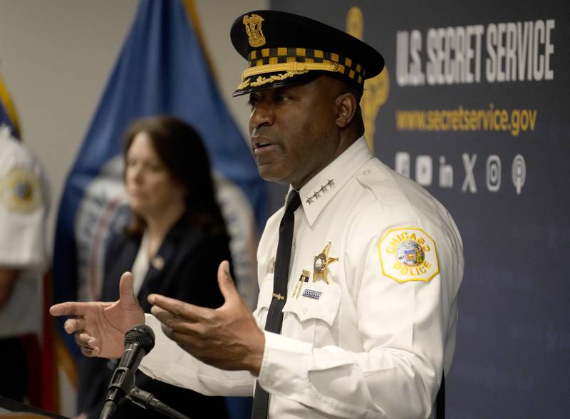 Chicago Police Superintendent Larry Snelling responds to a question as U.S. Secret Service Director Kimberly Cheatle, left, listens during a news conference about the upcoming Democratic National Convention on Tuesday, June 4, 2024, in Chicago. (AP Photo/Charles Rex Arbogast)