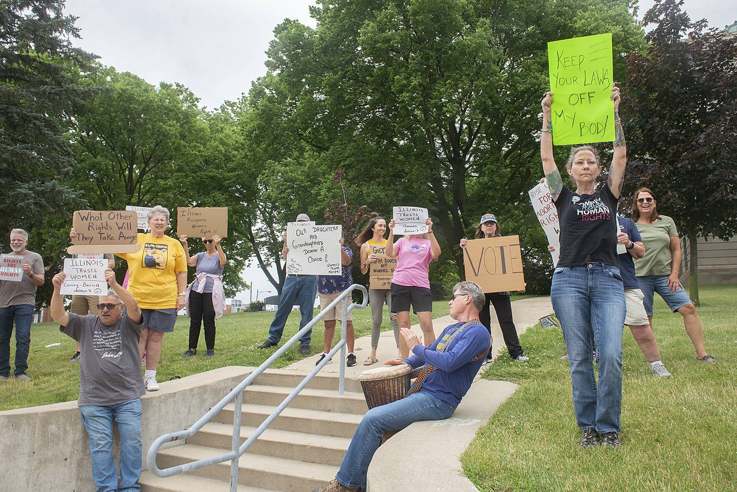 Protestors line up outside of the Old Lee County Courthouse in Dixon on Saturday, June 25, 2022 to show their disapproval of the Supreme Court’s reversal of abortion rights. The court announced Friday the reversal of Roe vs. Wade. Protesting have popped up across the country and included the rally at the courthouse in Dixon on Saturday and Sunday.