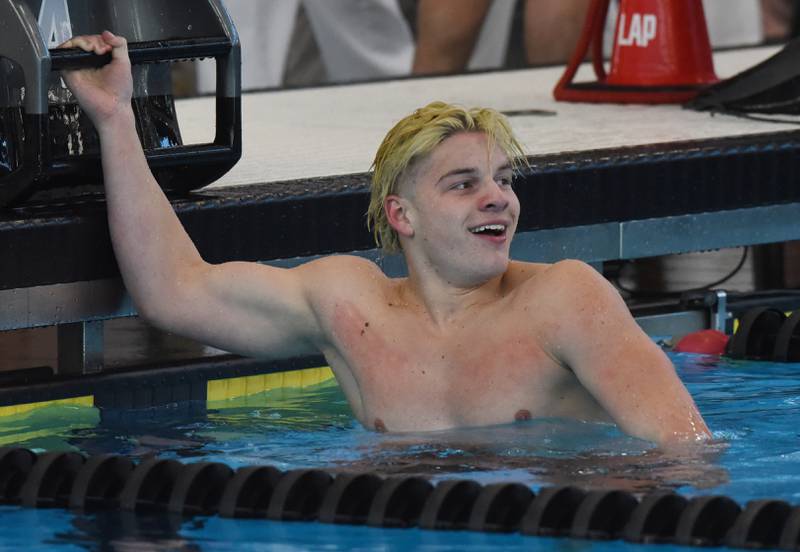 West Chicago’s Brady Johnson is the winner of the 100-yard backstroke during the boys state swimming and diving finals at FMC Natatorium on Saturday, Feb. 24, 2024 in Westmont.