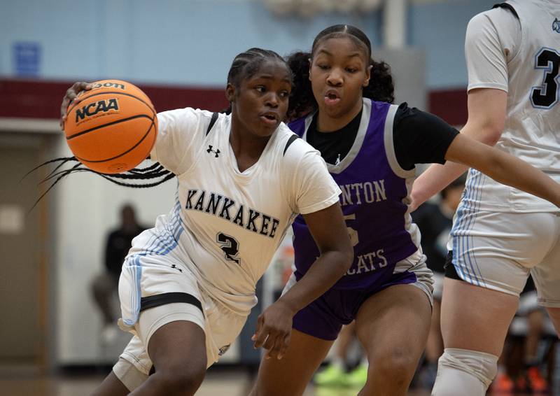 Kankakee's London Stroud controls the ball as Thornton's Cymone Maxey defends in a game on Thursday, December 4, 2025.