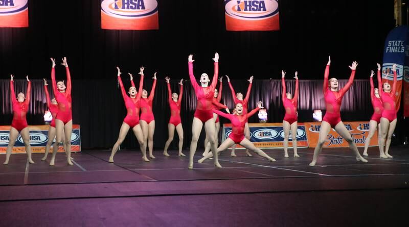 Members of the Bradley-Bourbonnais dance team perform during the IHSA State Dance finals on Saturday, Feb. 1, 2025 at Grossingers Motor Arena in Bloomington.