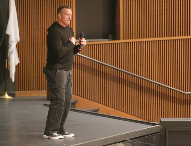 Former NBA player and motivational speaker Chris Herren, talks to junior high students during a presentation on Wednesday, May 7, 2025 at Illinois Valley Community College in Oglesby. Herren battled substance abuse during his time as a college basketball player, international leagues and in the NBA.