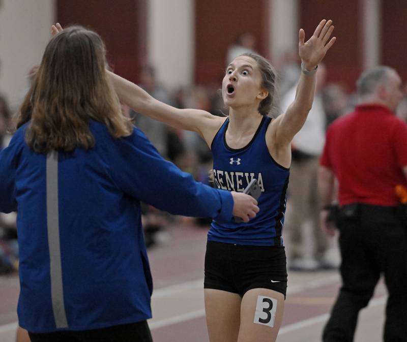Geneva’s Sarah Hahn reacts to her second-place finish in the 800-meter run at the Dukane Conference girls indoor track and field meet at Batavia High School on Friday, March 15, 2024.
