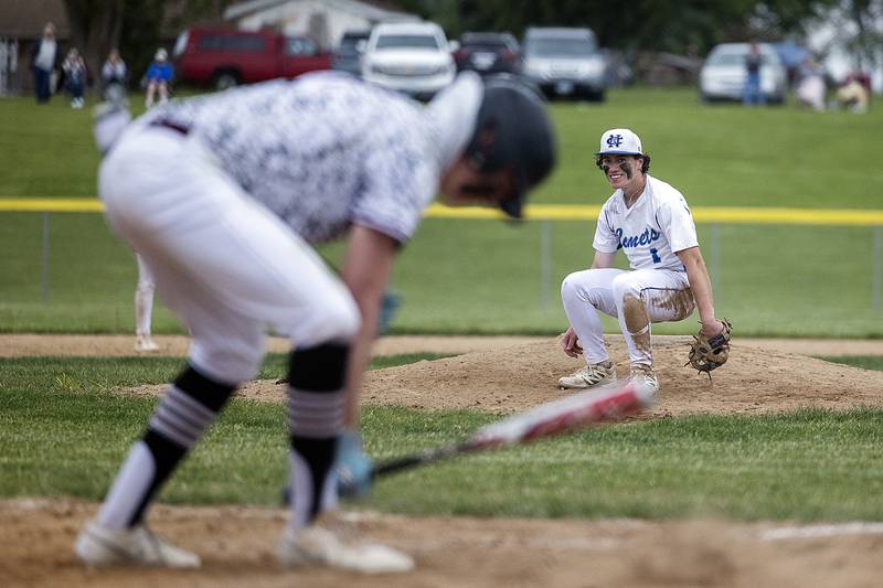 Newman’s Garret Matznick smiles after hitting the deck on a strikeout pitch against Marengo Wednesday, May 28, 2025, in the Class 2A Sectional semifinal in Mendota.