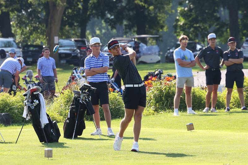Bradley-Bourbonnais' Max LaMore tees off during the Boilermakers' match against Sandburg at the Kankakee Elks on Aug. 14, 2025.