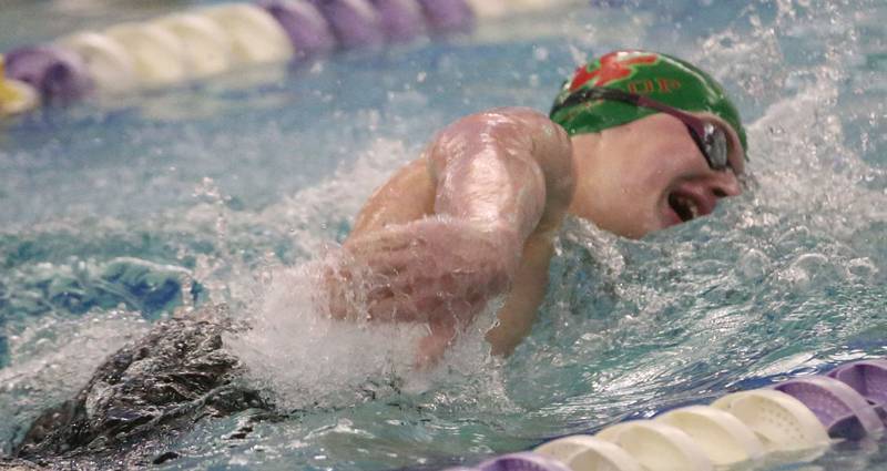 L-P Co-op swimmer Kaiden Lemke competes in the 200 meter freestyle event during a triangular meet against Morrison and Olympia on Wednesday, Jan. 22, 2025 at the Illinois Valley YMCA in Peru.