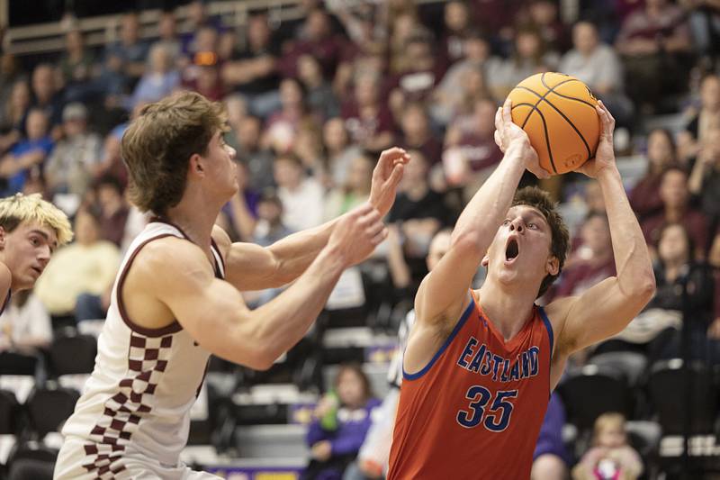 Eastland’s Parker Krugman looks to put up a shot against Tremont Monday, March 9, 2026, in the Class 1A Macomb Supersectional.