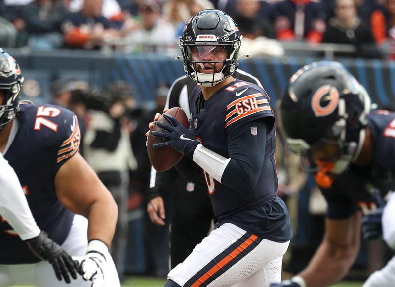Chicago Bears quarterback Caleb Williams looks for a receiver during their game against the New England Patriots Sunday, Nov. 10, 2024, at Soldier Field in Chicago.