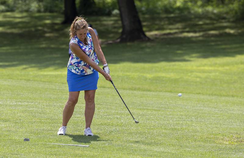Deena Simester of Deer Valley takes a shot towards the green on #6 Friday, July 11, 2025, during the 102nd annual Ladies Lincoln Highway golf tournament at Timber Creek Golf Club in Dixon.