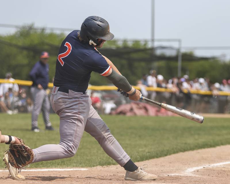 Oswego's Easton Ruby (2) swings at a pitch during Class 4A Plainfield North Regional final baseball game between Oswego at Plainfield North. Saturday, May 31, 2025 in Plainfield.