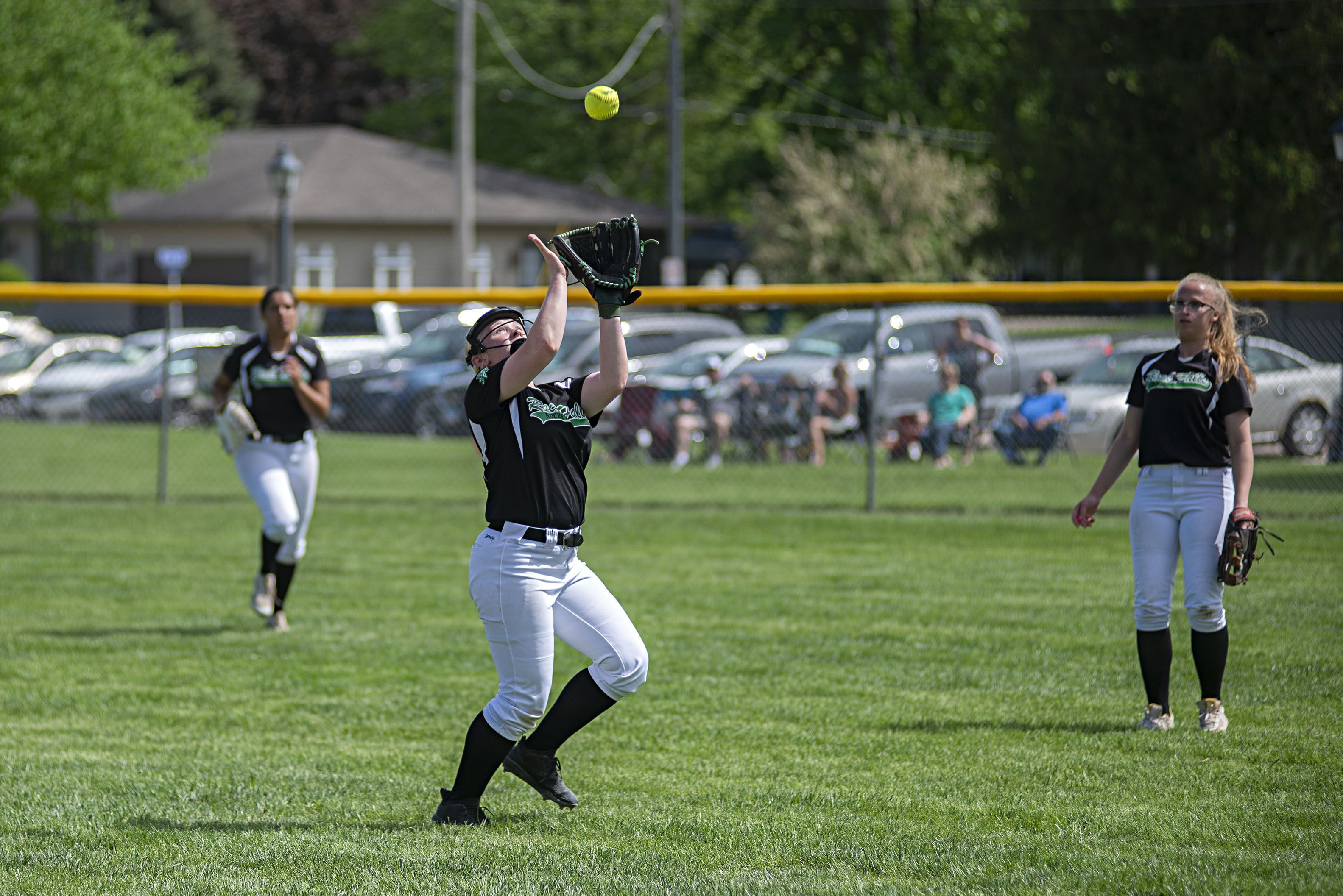 Rock Falls’ Jersey Thomas puts the leather to a fly ball against Sterling on Saturday, May 14, 2022.