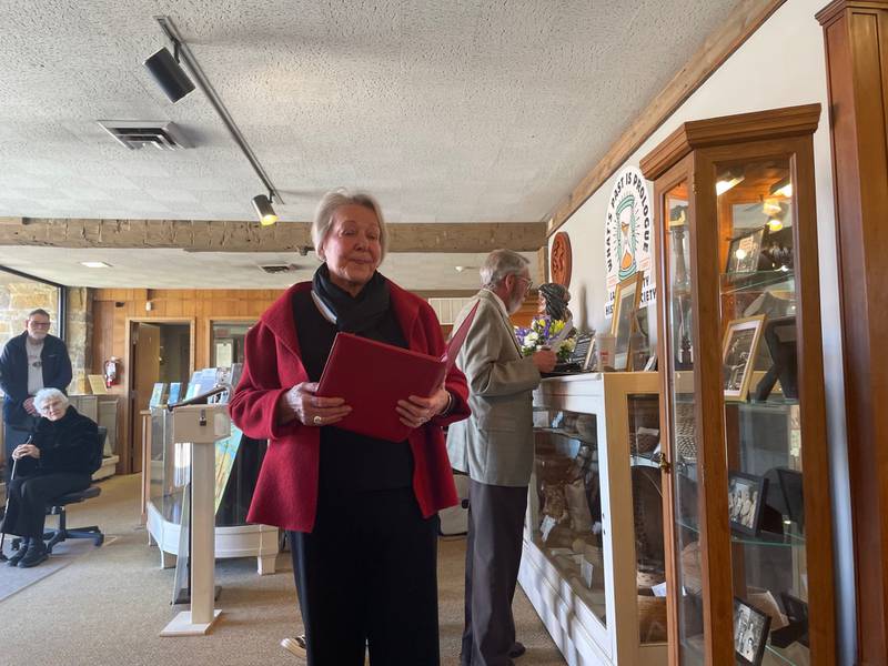 An emotional Susan Thornton remembers her late husband Edmund Thornton and his passion for history at a dedication Sunday, March 9, 2025, at the La Salle County Historical Society museum in Utica. The primary museum in Utica will from now on be known as the Edmund B. Thornton Canal Warehouse Museum.