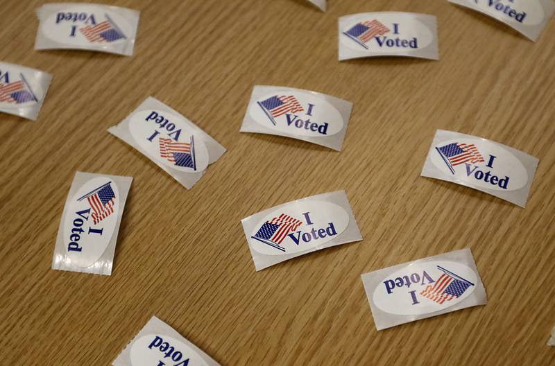 “I Voted” stickers for voters Tuesday, April 4, 2023, after they cast their ballots in the 2023 consolidated election at Del Webb Sun City’s Prairie Lodge in Huntley.