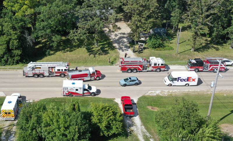 An aerial view of emergency personnel from Peru, Wallace, Tonica, Utica and La Salle work the scene of a structure fire in the 800 block of U.S. Route 6 on Tuesday, Aug. 26, 2025 near Utica. The incident happened shortly after 3p.m. The fire was out in 10 minutes.