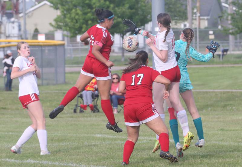 (From left) Ottawa's Sariah Polier, Streator's Zulima Gonzalez and teammte Abby Calderon, Ottawa's Mary Rodriguez and keeper Shealyn Miller all converge on a play in front of the net during the Class 2A Regional game on Friday, May 10, 2024 at James Street Recreation Complex in Streator.