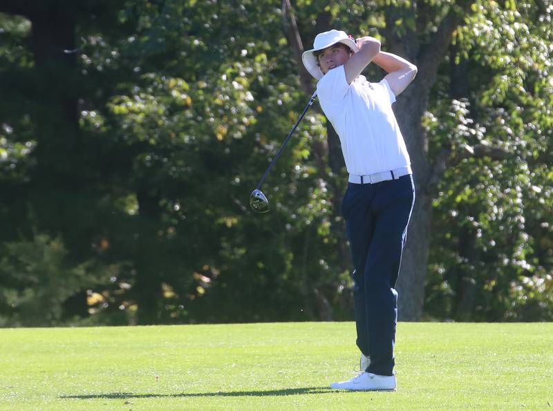 Fieldcrest's Nathan Buchanan tees off on hole two during the Class 1A golf meet on Wednesday, Oct. 2, 2024 at Spring Creek Golf Course in Spring Valley.