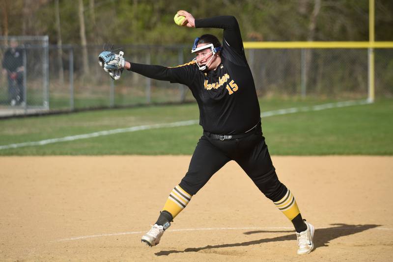 Herscher's Anistin Hackley throws a pitch during a game at Wilmington Tuesday, April 15, 2025.