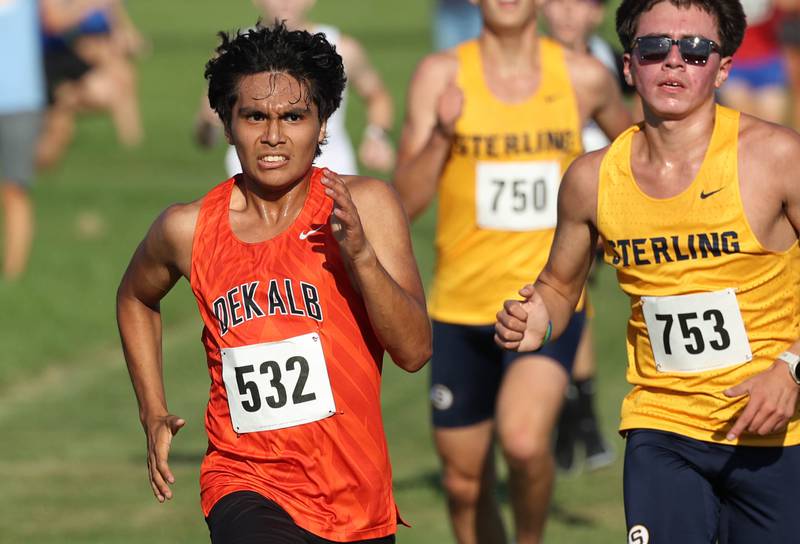 Dekalb’s Andy Duranfinishes strong Tuesday, Sept. 2, 2025, during the Sycamore Cross Country Invitational at Northern Illinois University in DeKalb.