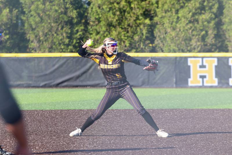 Herscher's Lexi Crawford throws to first during the Tigers' 14-10 loss to Coal City on Monday, April 20, 2026.