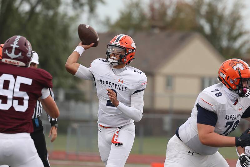 Naperville North’s Jacob Bell passes against Lockport on Friday, Sept. 27, 2024 in Lockport
