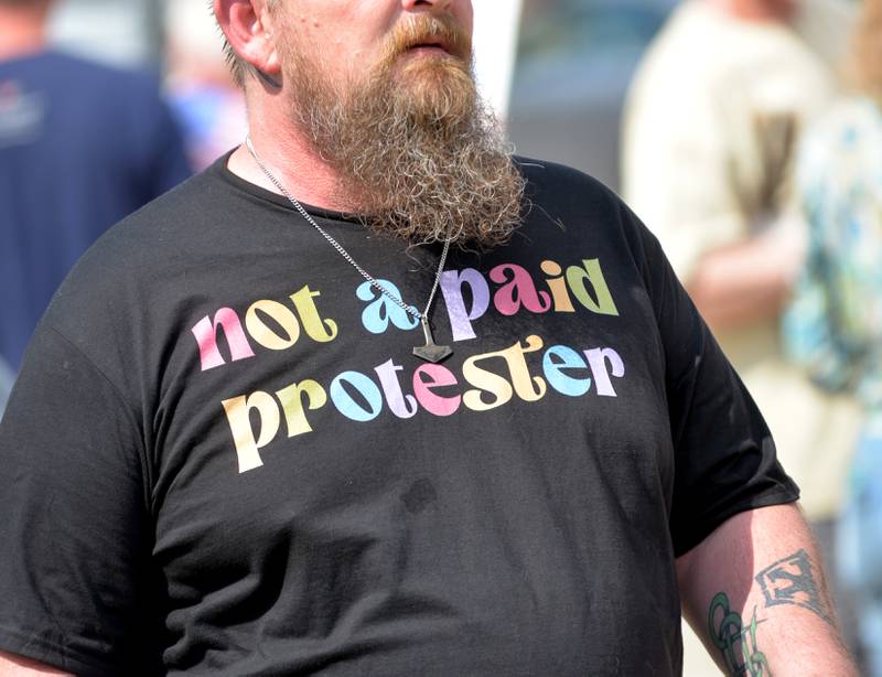 A "No Kings" rally member wore this shirt during the event in Oregon, Illinois on Saturday, June 14, 2025.