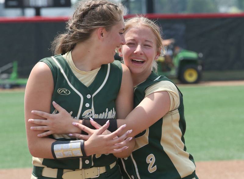 St. Bede's Addison Bontz and Alyssa Engels react after winning the Class 1A State championship over Illini Bluffs on Saturday, June 3, 2023 at the Louisville Slugger Sports Complex in Peoria.