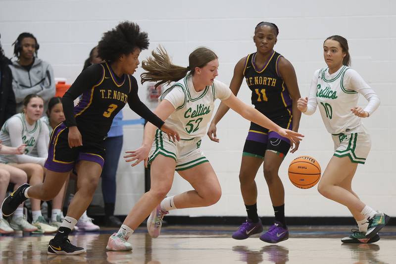 Providence’s Layken Callahan recovers the loose ball against Thornton Fractional North in the Class 3A Hillcrest Sectional semifinal game on Tuesday, Feb. 24, 2026 in Hillcrest.